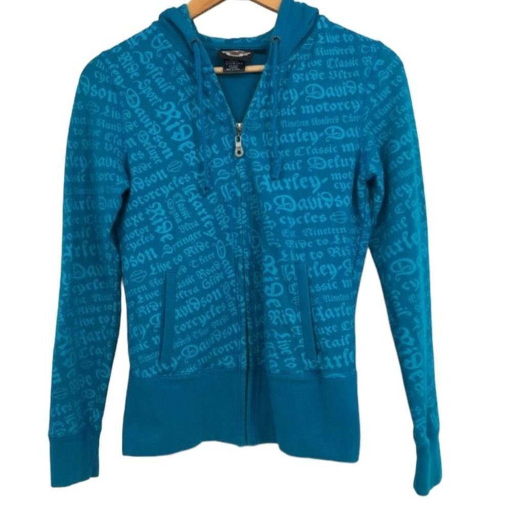 Harley Davidson  Bright Teal Blue All Over Text zipper front Hoodie size SP
